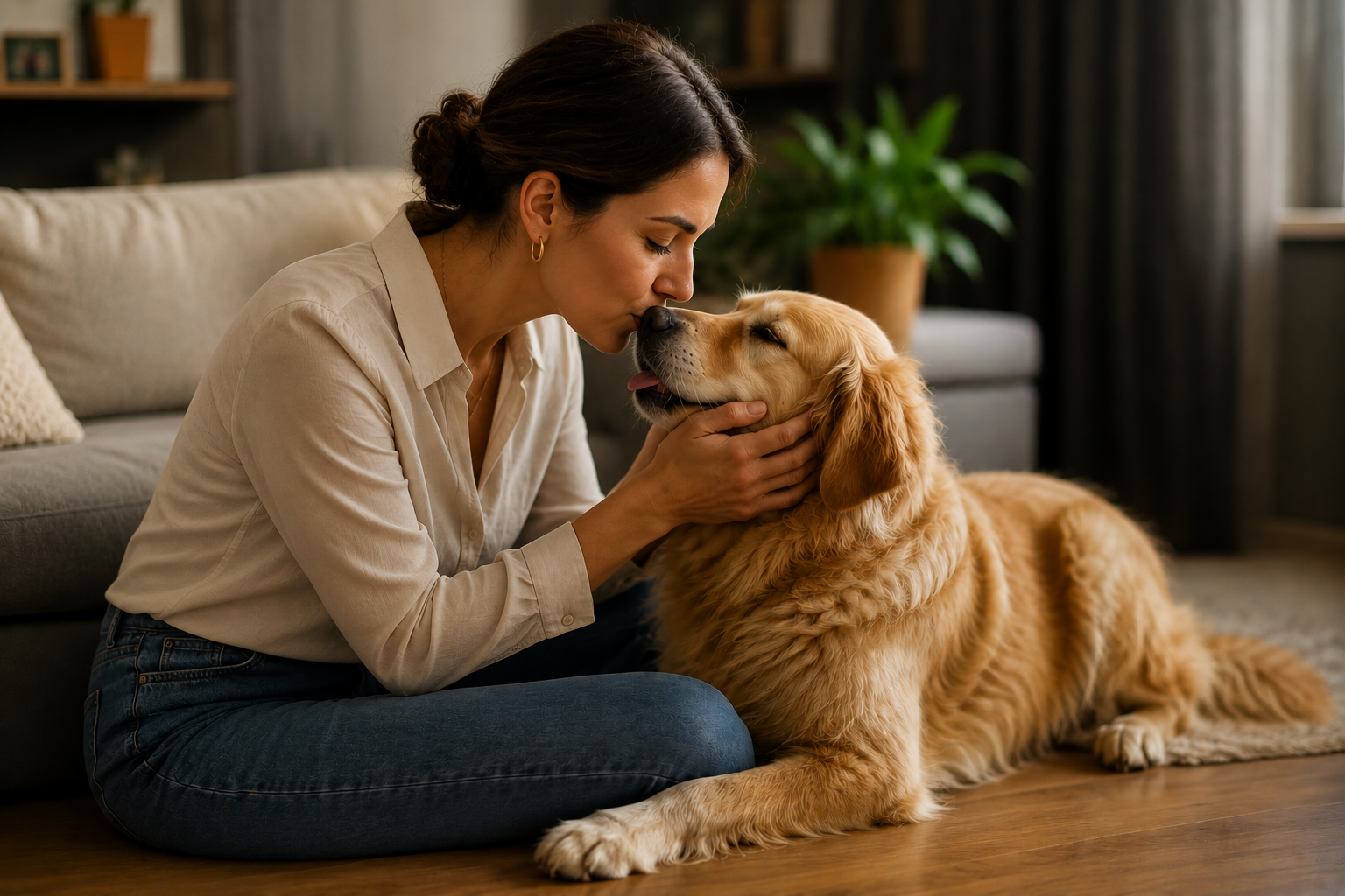Tutora sorrindo enquanto usa o app Sem Coleira ao lado do cachorro e do gato