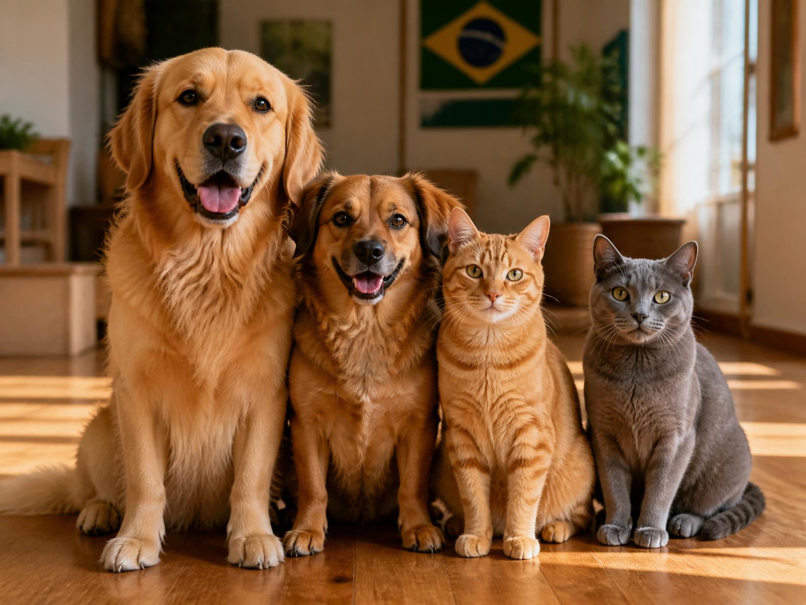 Vários pets — cães e gatos — juntos em casa